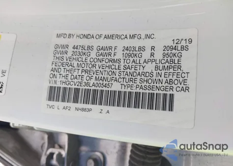 2020 Honda Accord Sport 2.0T z USA, uszkodzony, nr VIN 1HGCV2E36LA005457